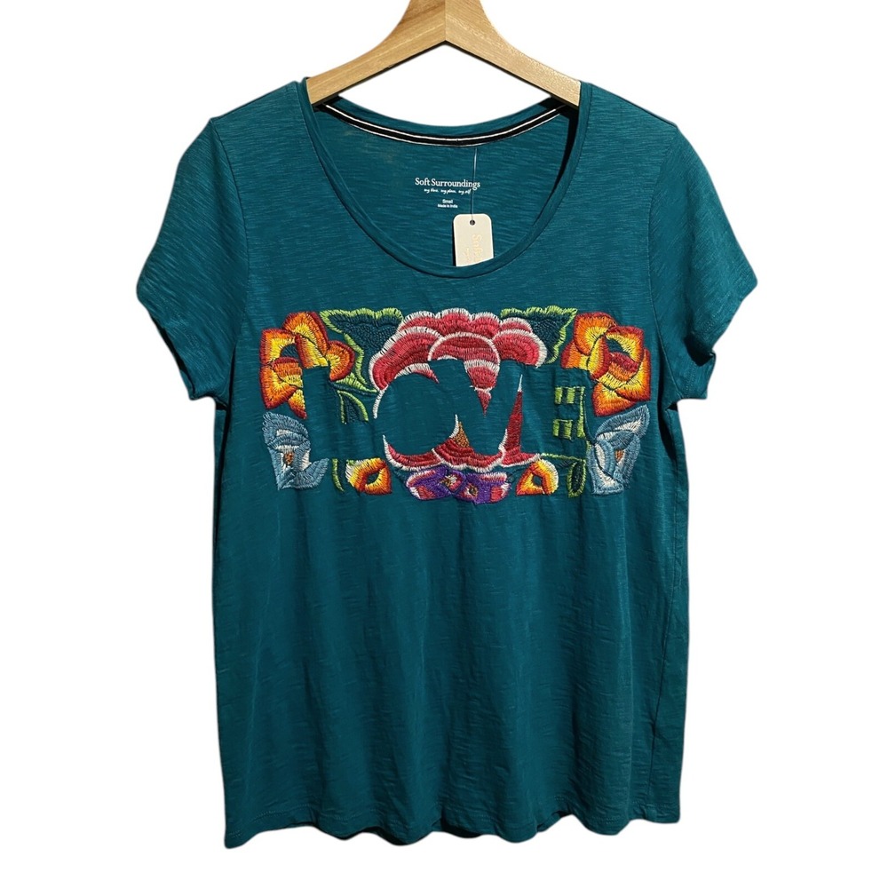 Soft Surroundings Top Women Sz S Embroidered Floral Love Tee Boho Organic Cotton